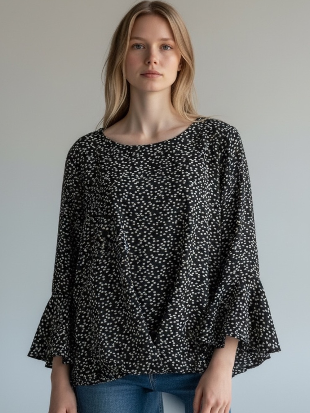 Vince Camuto Black with White Ditsy Print Bell Sleeve Top